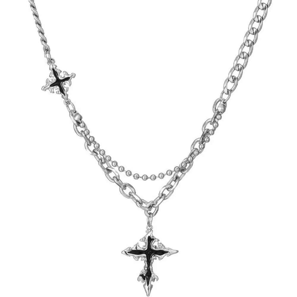 4pcs Personality Trendy Black Zircons Awn Star Cross Pendant Cuban Chain Necklace for Men Friends Hip-hop Punk Jewelry Sets Gift