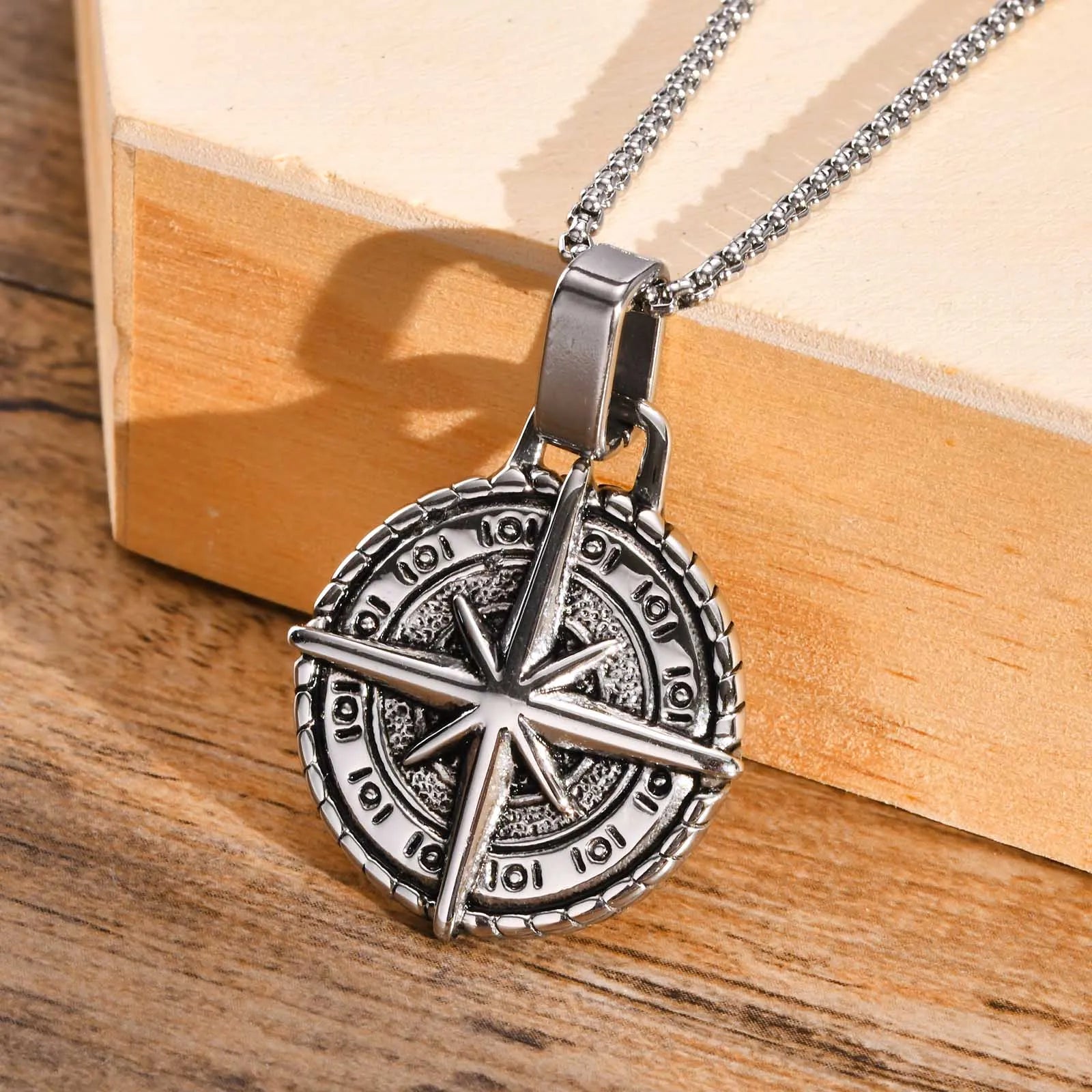North Star Men Necklace ,Stainless Steel Compass Pendant,Mens Jewelry, Coin Form Handmade Necklace
