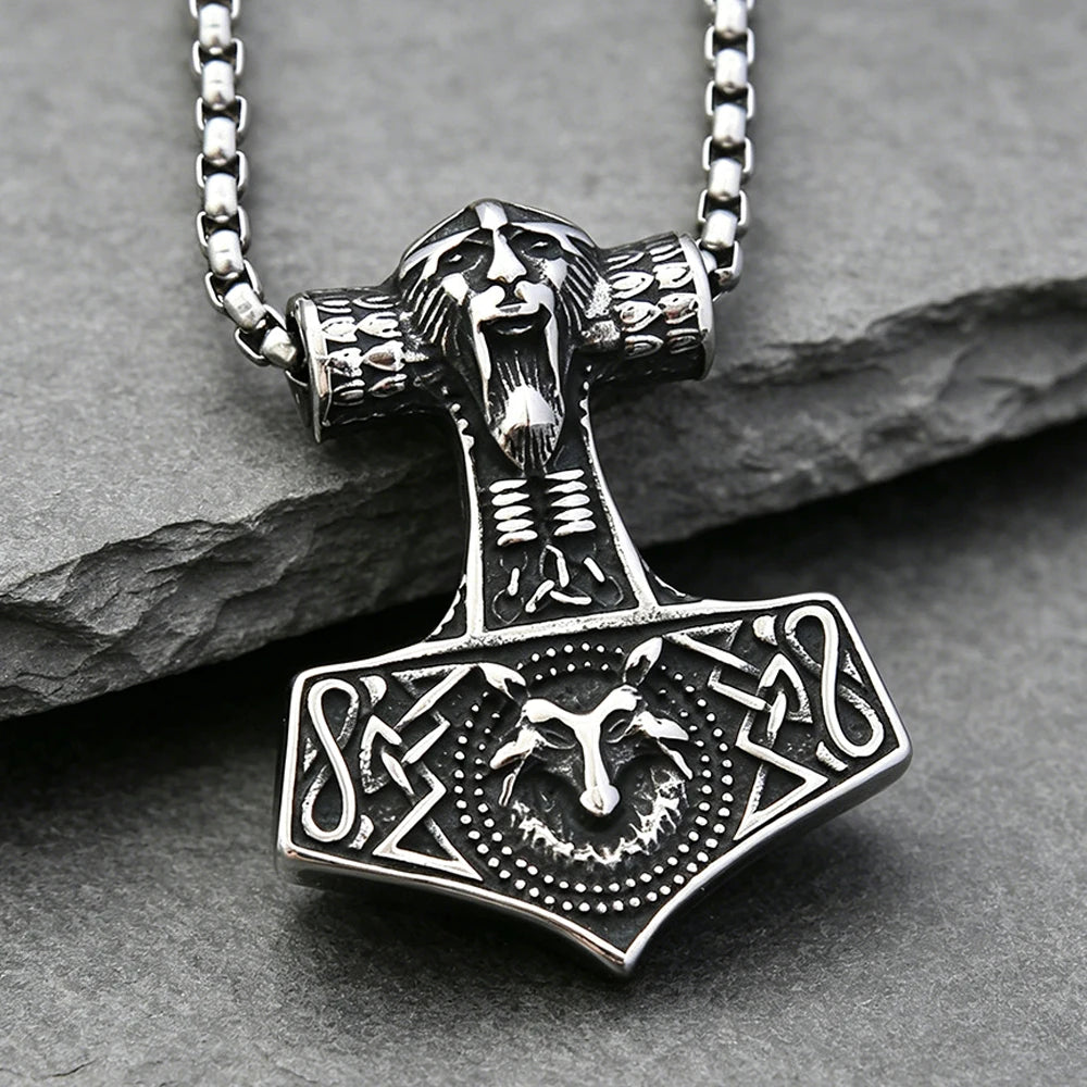 Stainless Steel Vintage Viking Thor's Hammer Wolf Pendant Necklace Norse Punk Amulet Jewelry Men Gift
