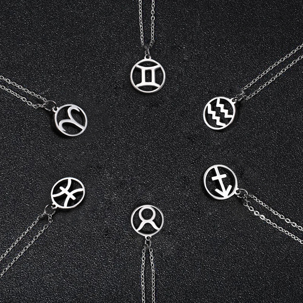 Lemegeton Zodiac Women's Necklace 12 Constellations Stainless Steel Pendant Choke Astrology Aries Leo Ring Jewelry Birthday Gift