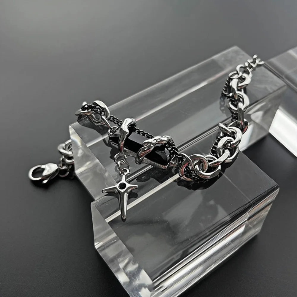 Hip Hop Black Crystal Bracelet Simple Cuban Chain Silver Color Stainless Steel Men Bracelet Retro Jewelry Trendy