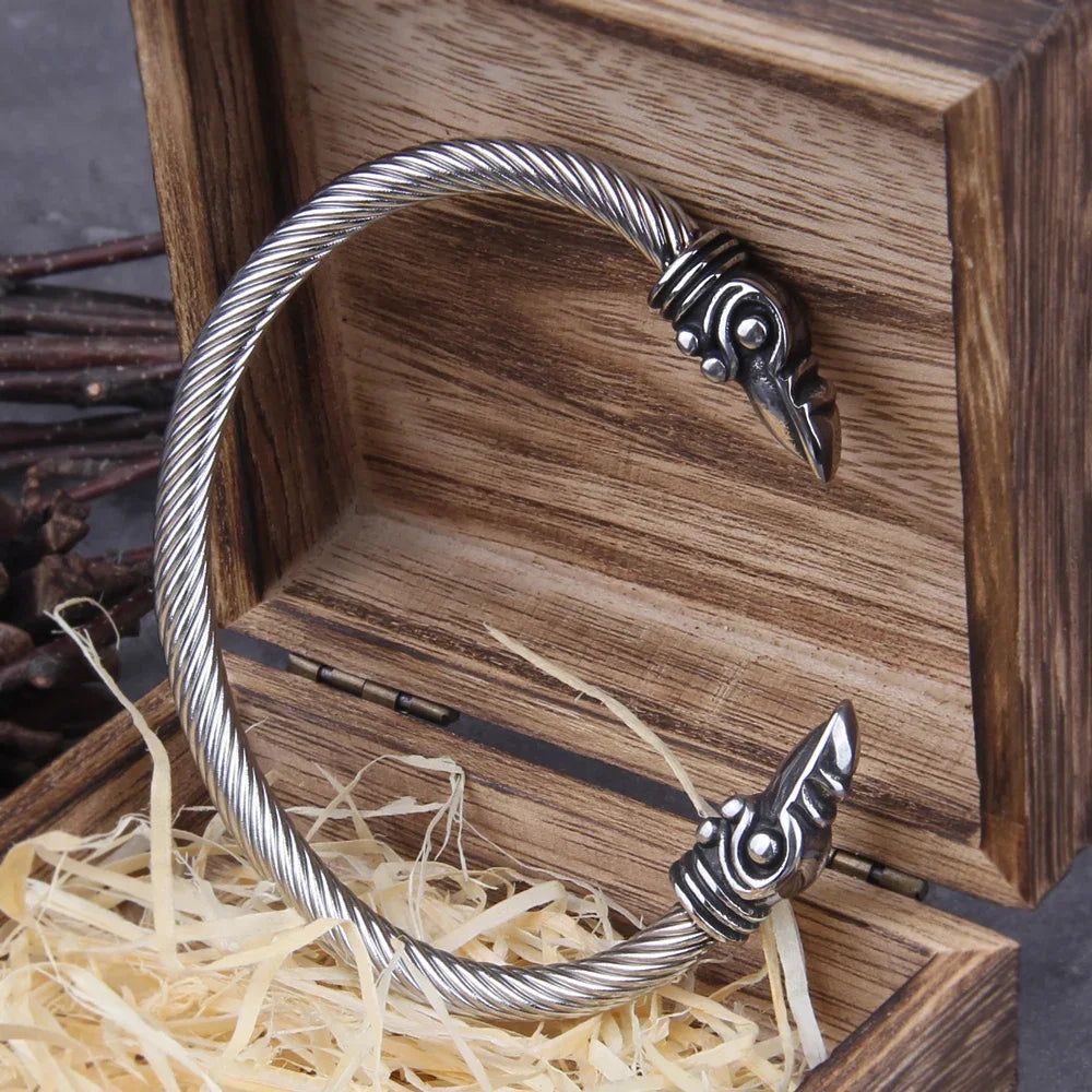 Viking Odin’s Ravens Head Bracelet Stainless Steel Twisted Open Cuff Norse Mythology Amulet Wristband for Men with wood box