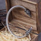 Viking Odin’s Ravens Head Bracelet Stainless Steel Twisted Open Cuff Norse Mythology Amulet Wristband for Men with wood box