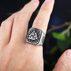 Viking Mens Stainless Steel Amulet Ring With Compass Triangle Odin Vegvisir Rings Nordic Talisman Biker Jewelry Gift for Men