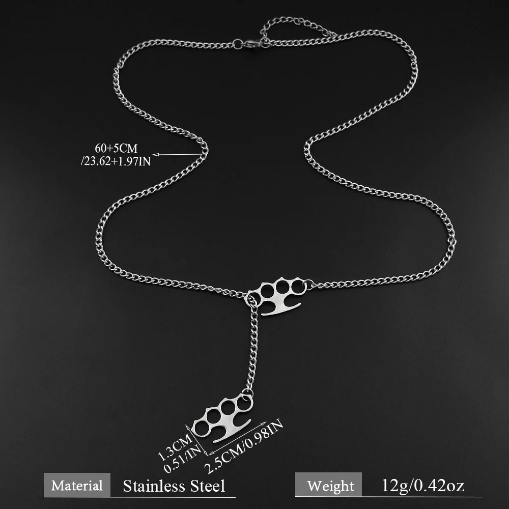 Hip Hop Stainless Steel Knuckles Necklace Black Y‑Shape Chain Knuckle Duster Necklace for Men Women Punk Streetwear