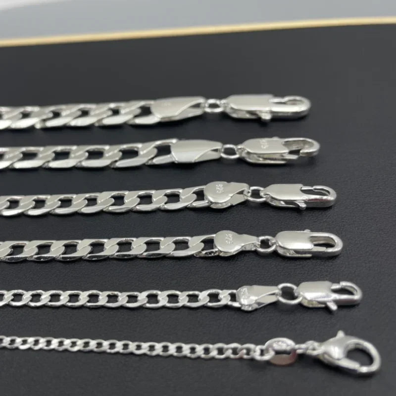 Men's 925 Sterling Silver Necklace 2/4/6/8/10/12MM 40-75cm Face Chain Necklace Lobster Clasp Men Women Engagement