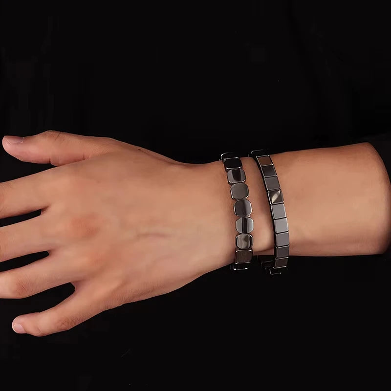 FTCY Hematitelack Black Gallstones Elastic Square Bead Bracelet For Men Hemios Hematite Bangles Restore Confidence Nhance Mental