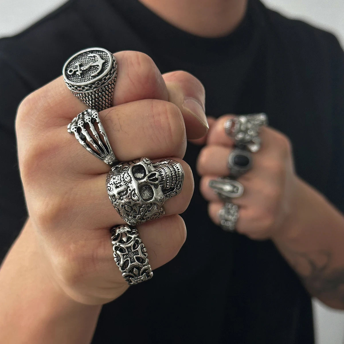Gothic Skull Claw Cross Ring Set — Adjustable Silver