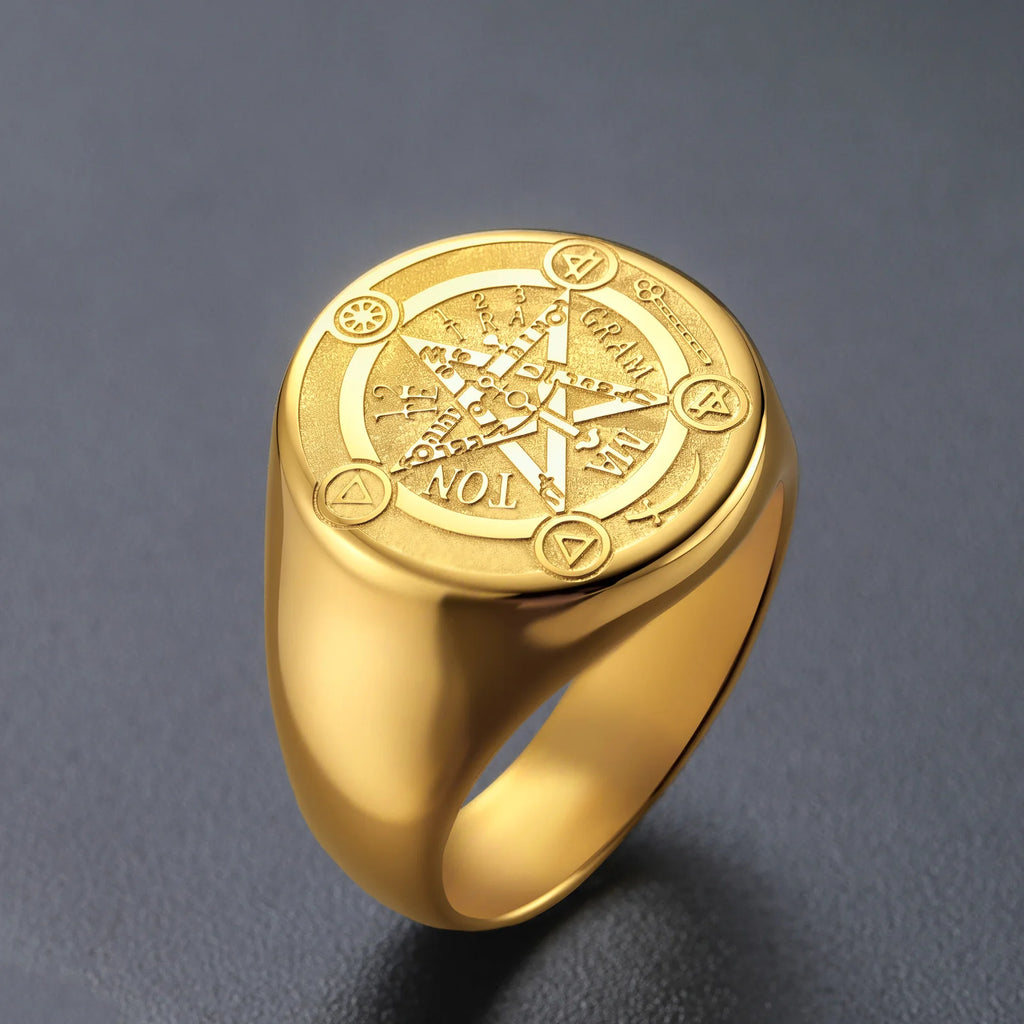 Kkjoy Stainless Steel Solomon Pentagram Magic Rune Signet Ring Vintage Occult Symbol Band Mens Jewelry Gift For Occult