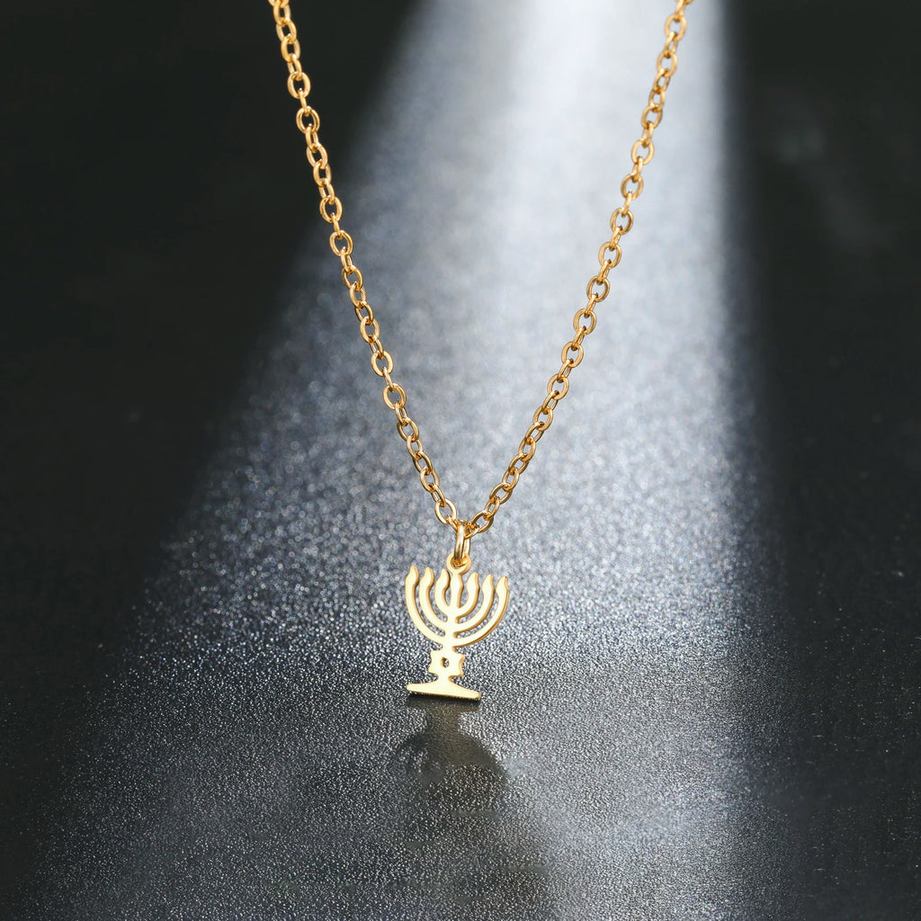 Star of David Menorah Pendant Necklace — Steel