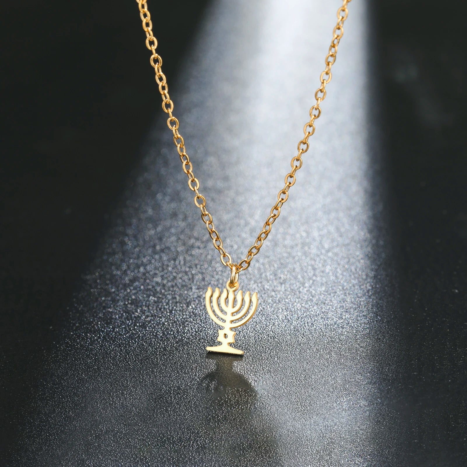 Star of David Menorah Pendant Necklace — Steel