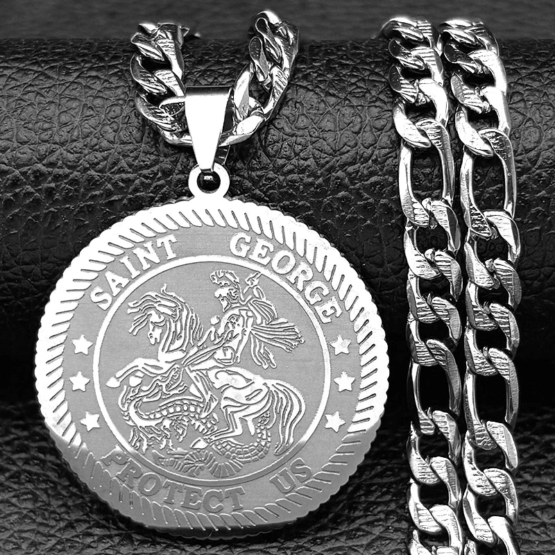 SAINT GEORGE Protect Us Round Medal Pendant Necklace for Women Men Stainless Steel Gold Color Christian Chain Amulet Jewelry