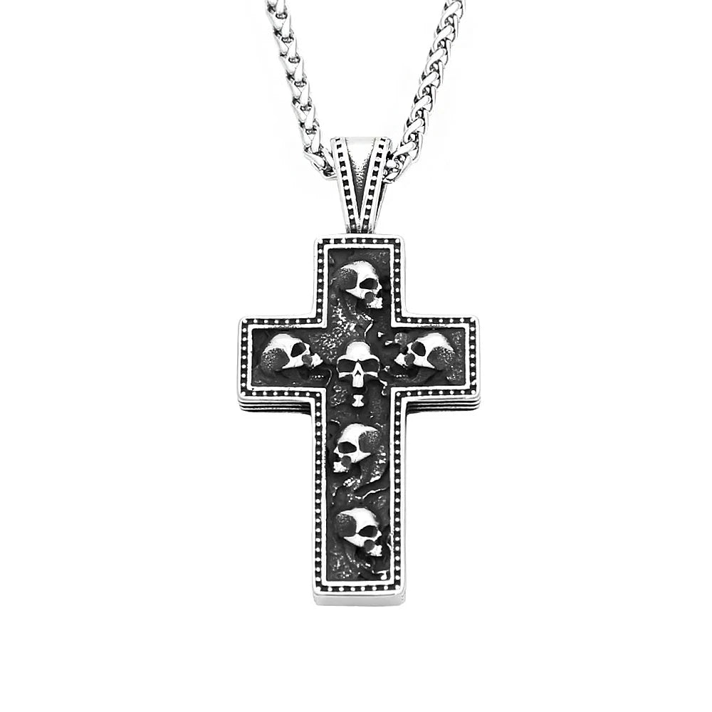 Unisex Multi Skull Cross Stainless Steel Pendant Necklace Gothic Dark Religious Skeleton Totem Jewelry Daily Punk Fashion Gift