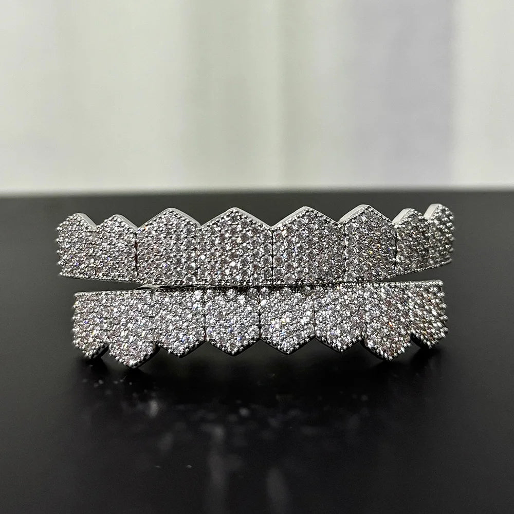 YOUNGX Fashion 8/8 Iced Out CZ Stone Fangs Teeth Grillz Hip Hop Cubic Zircon Tooth Caps For Women Men Jewelry Cosplay