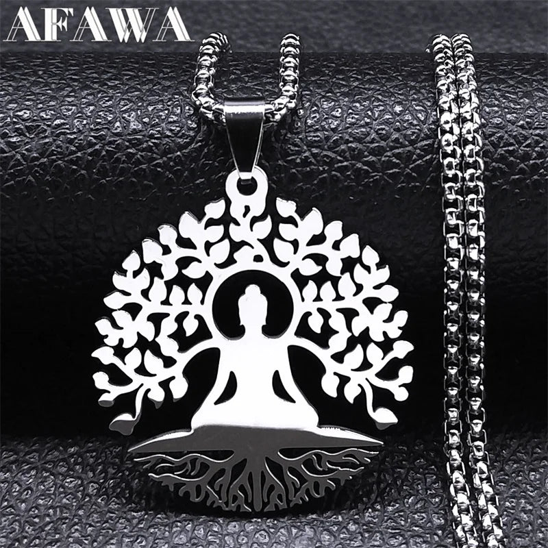 Buddhism Meditation Buddha Yoga Pendant Necklace Stainless Steel Tree of Life Buddhist Chakras Reiki Chain Jewelry Collar