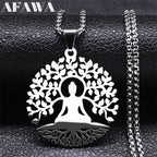 Buddhism Meditation Buddha Yoga Pendant Necklace Stainless Steel Tree of Life Buddhist Chakras Reiki Chain Jewelry Collar