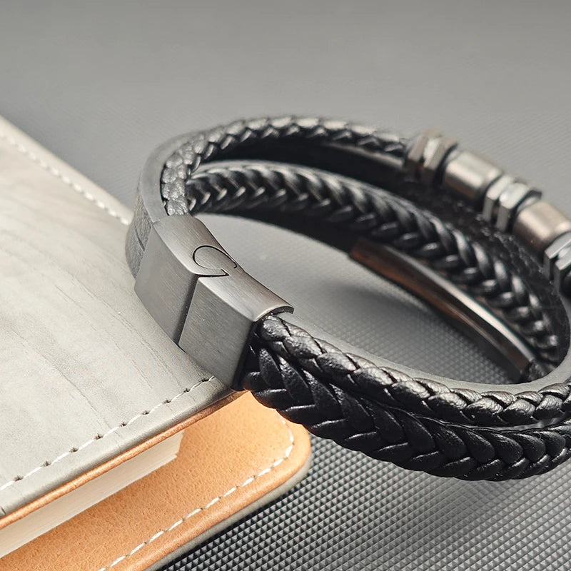 Men's Stainless Steel Luxury Magnetic Buckle Braided Multi-layer Leather Cylinder Hexagonal Bead Bracelet Men's Jewelry