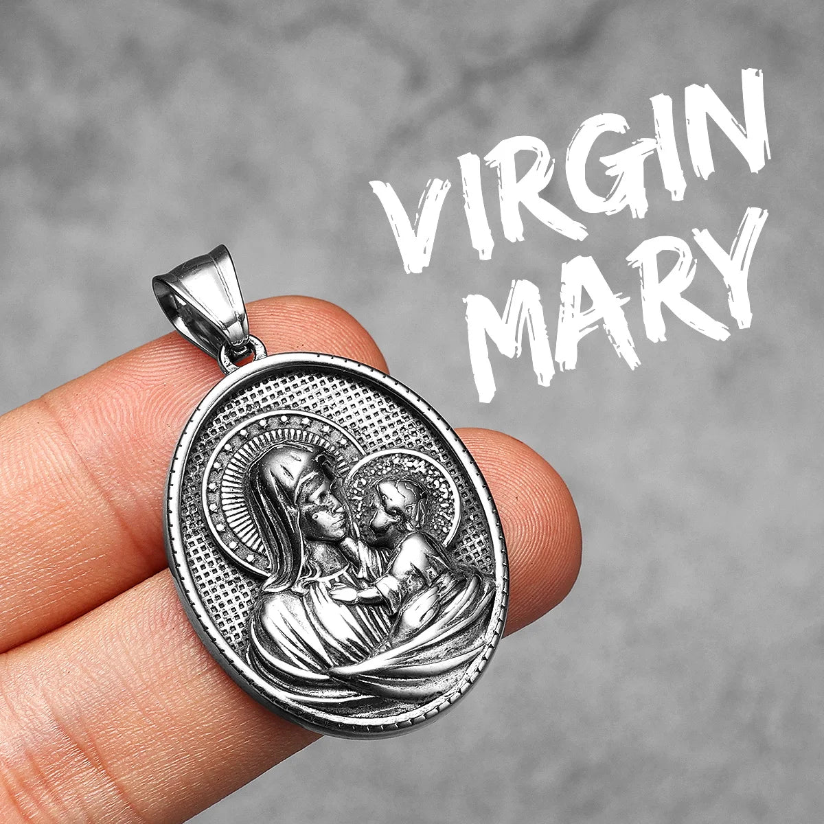 Virgin Mary Pendant Necklace Stainless Steel Vintage