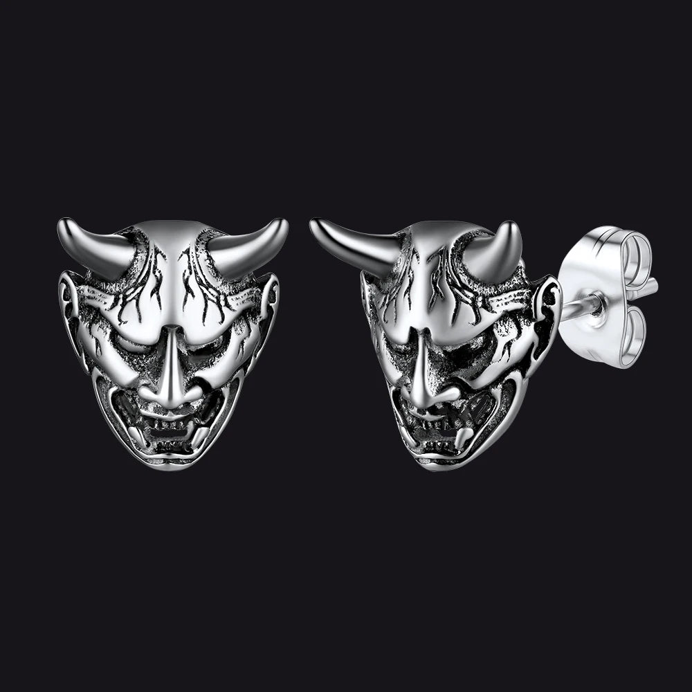 Japanese Oni Hannya Mask Stud Earrings — Stainless Steel