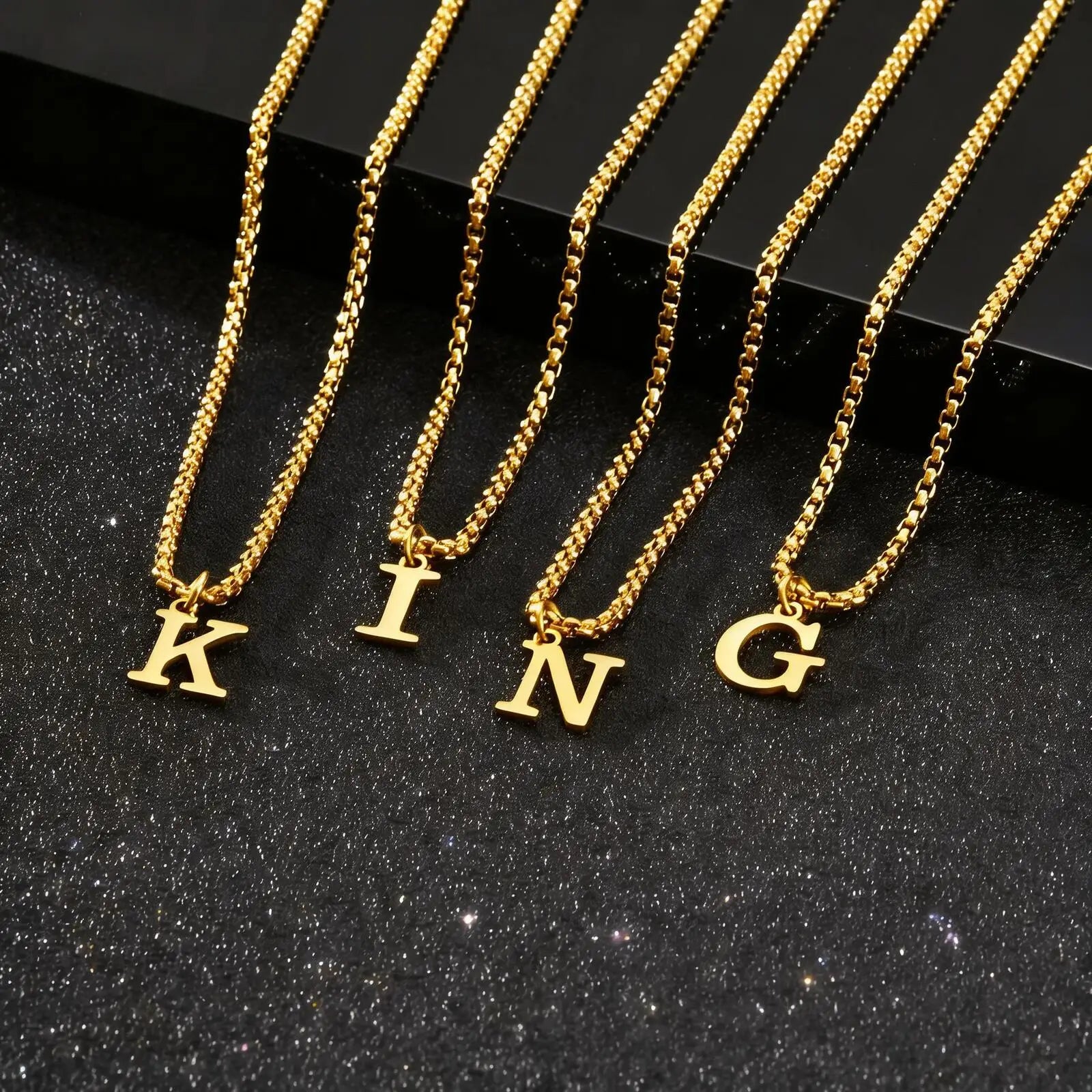 Initial Letter Box Chain Necklace — Stainless Steel