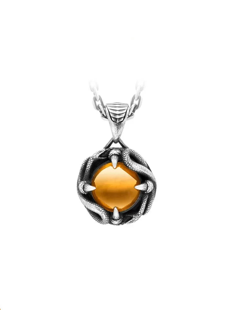 Copper Electroplated Gold Endless Glory Pendant 925Sterling Silver Men's Necklace Vintage Distressed Necklace with Amber Stone I