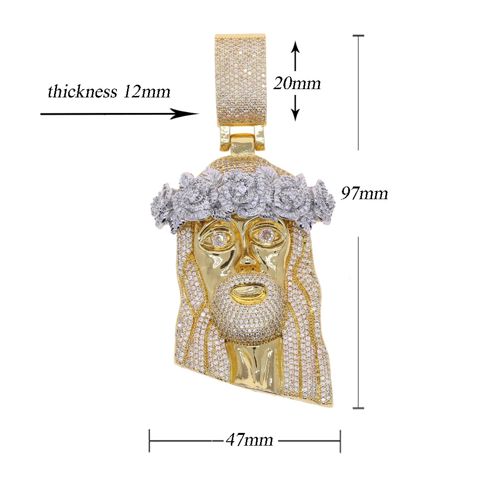 Iced Out Rose Flower Jesus Head Pendant Necklace Two Tone Color CZ Zircon Faith Charm Men Women Hip Hop Fashion Rock