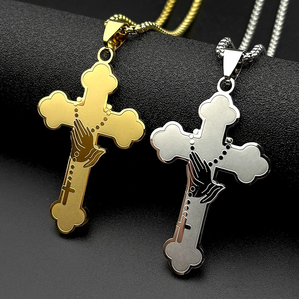 Jesus Cross Praying Hand Stainless Steel Pendant Necklace for Women Men Gold Color Catholic Faith Rosary Box Chain