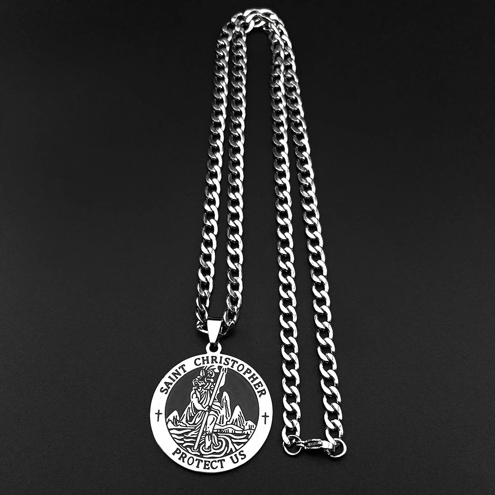 Saint Christopher Protect Us Enamel Medal Pendant Necklace for Women Men Stainless Steel Christian Chain Amulet Jewelry