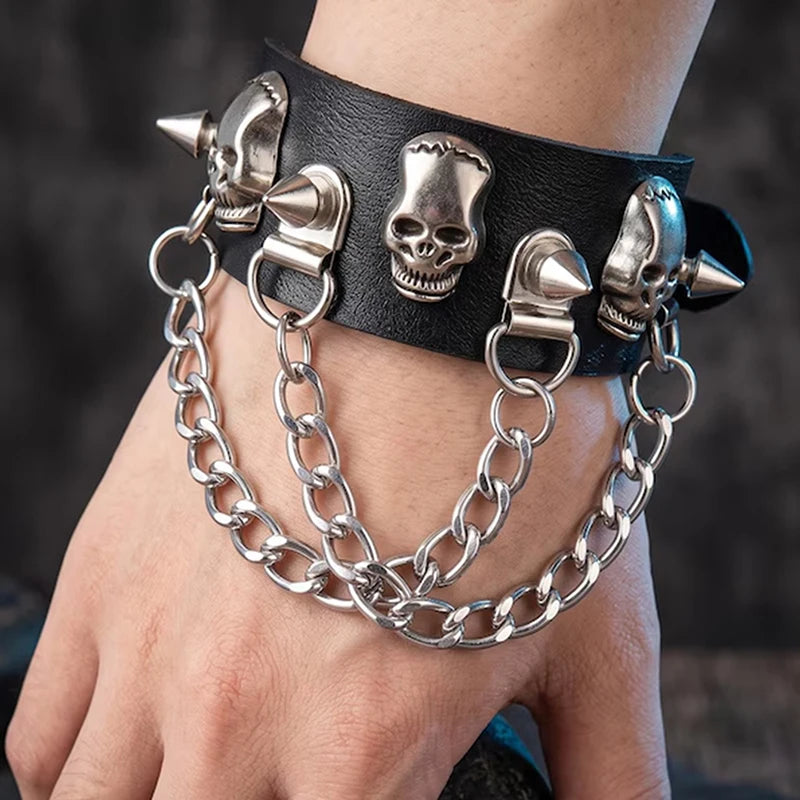 90s Gothic Skull Spike Bracelet Adjustable Punk Rock Bracelet Black Studded Faux Leather Wristband Bracelet for Men