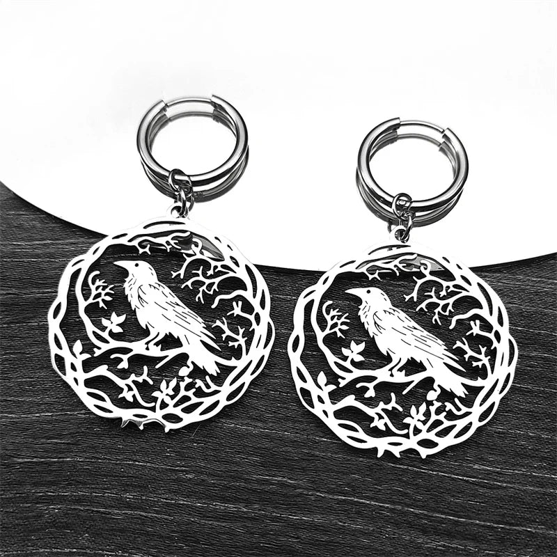 Tree Of Life Steel Earrings Gothic Crow Bird Dangle