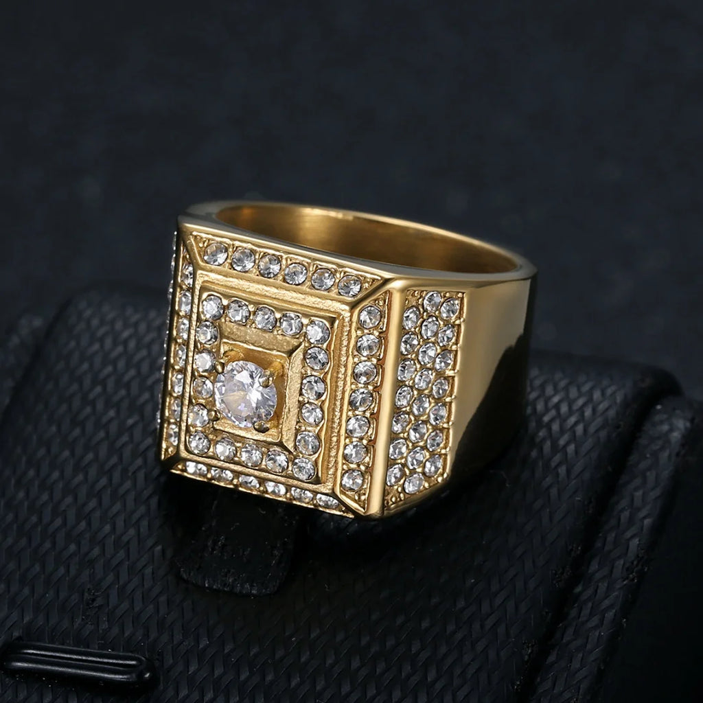 Iced Out Crystal Zircon Square Ring — Stainless Steel