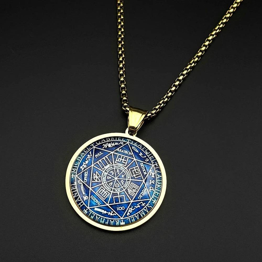 Seven Archangels Glass Medal Angel Pendant Necklace for Women Men Stainless Steel Seal of Solomon Protection Chain Jewelry Gift