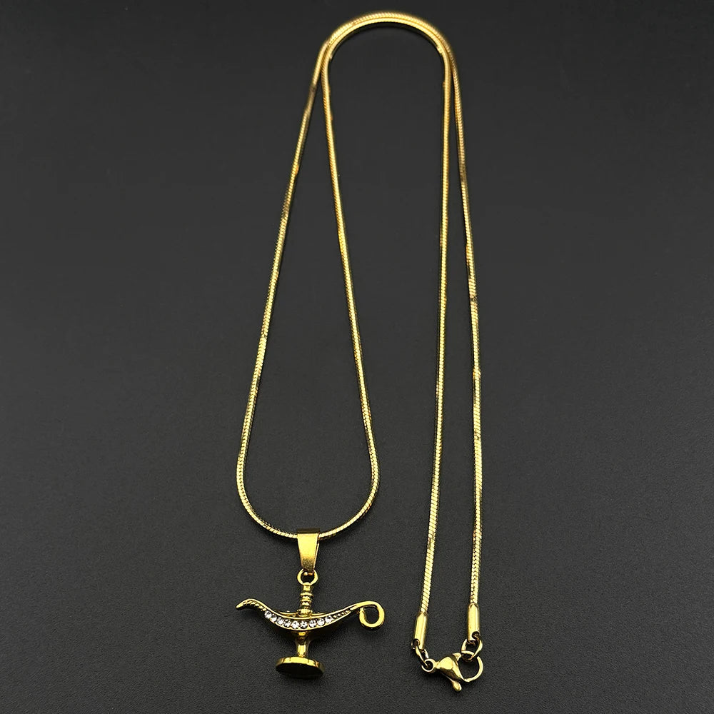Snake Gold Pendant Vintage Aladdin Lamp Rhinestones