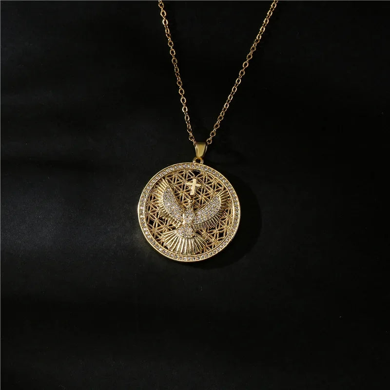 Flower of Life Eagle Cross Round Pendant Necklace — Copper Alloy