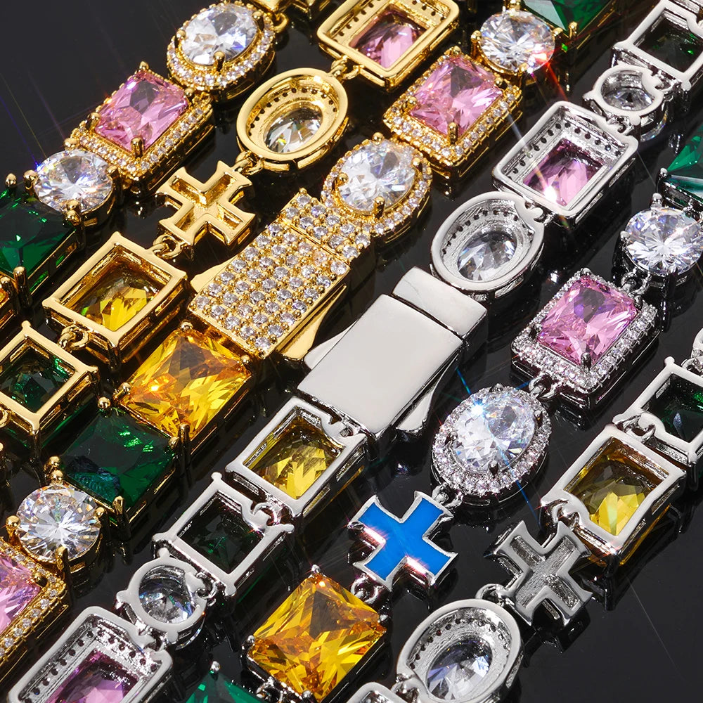 Cross Iced Out Gemstone Bracelet Stainless Steel