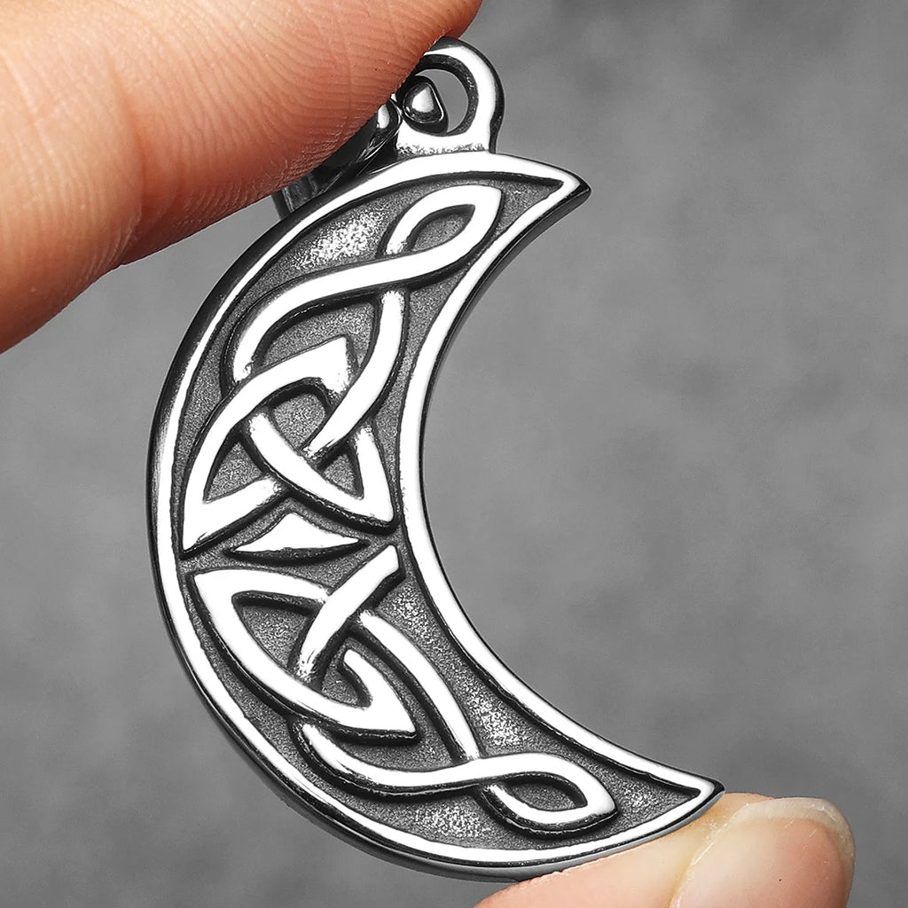 Celtic Knot Crescent Moon Pendant Necklace — Stainless Steel