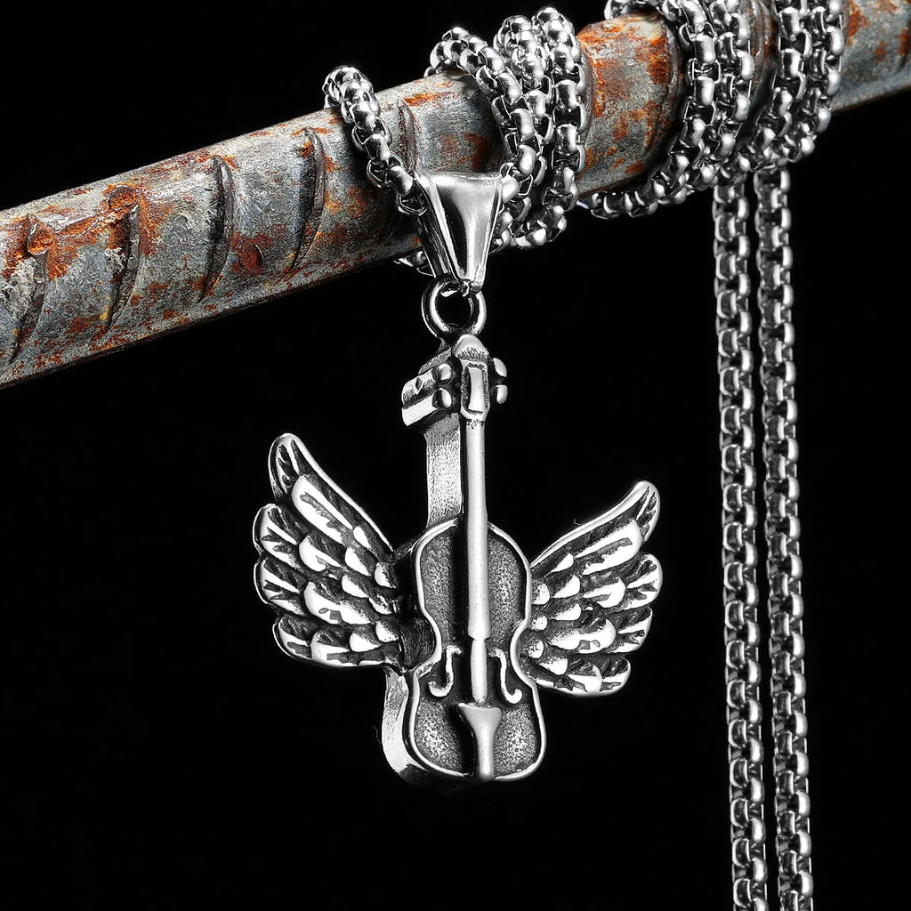 Angel Wings Violin Pendant Necklace Stainless Steel