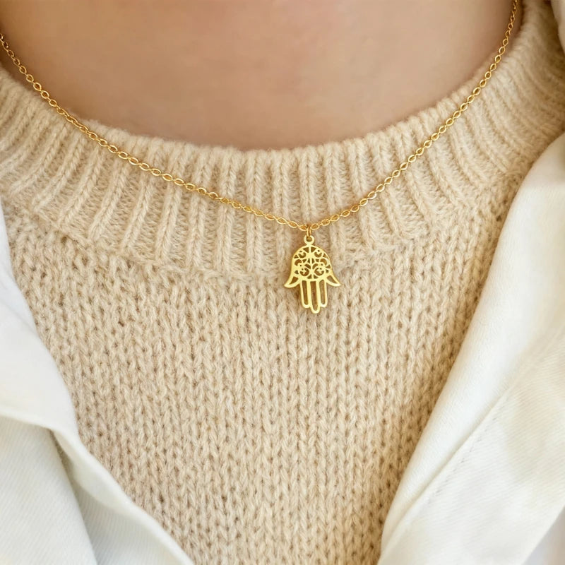 Vintage Hamsa Fatima Hand Pendant Natural Stone Evil Eye Necklace for Women Men Unisex Hollow Creative Clavicle Choker Jewelry