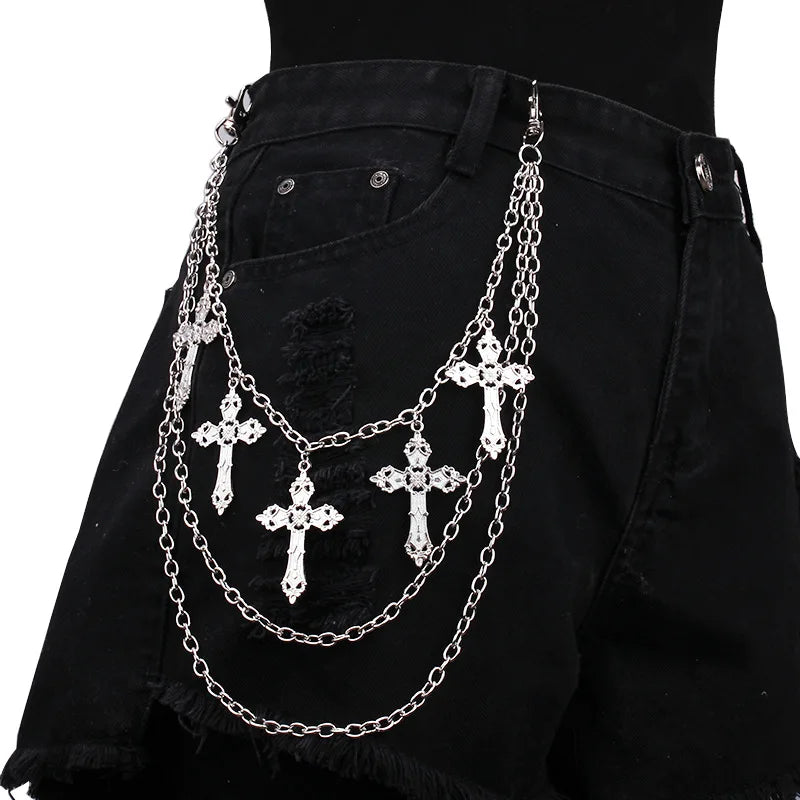 Punk Metal Cross Rivet Layered Chain Keychains for Men Women Waist Key Chain Wallet Jeans Hip-hop Pants Belt Jewelry