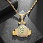 Gold Iced Out Money Bag Pendant Rope Chain