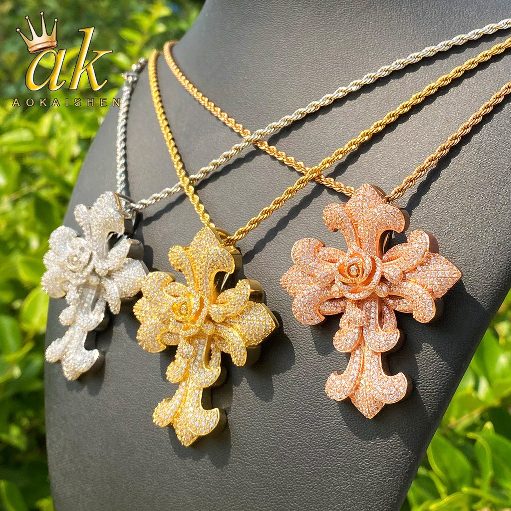 Aokaishen Iced Out Rose Flower Cross Necklace Pendant for Men Prong Setting 5A Cubic Zirconia Hip Hop Jewelry