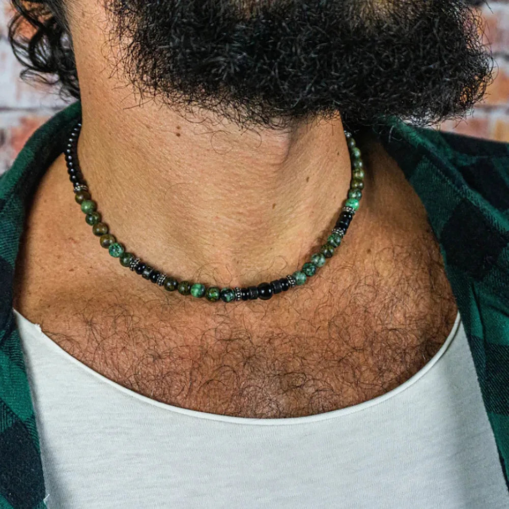 1PC INGX Man's Retro Ethnic Style Natural Flash Stone Necklace for Men Black Beaded Surfer Necklace Man Jewelry Collar Hombre