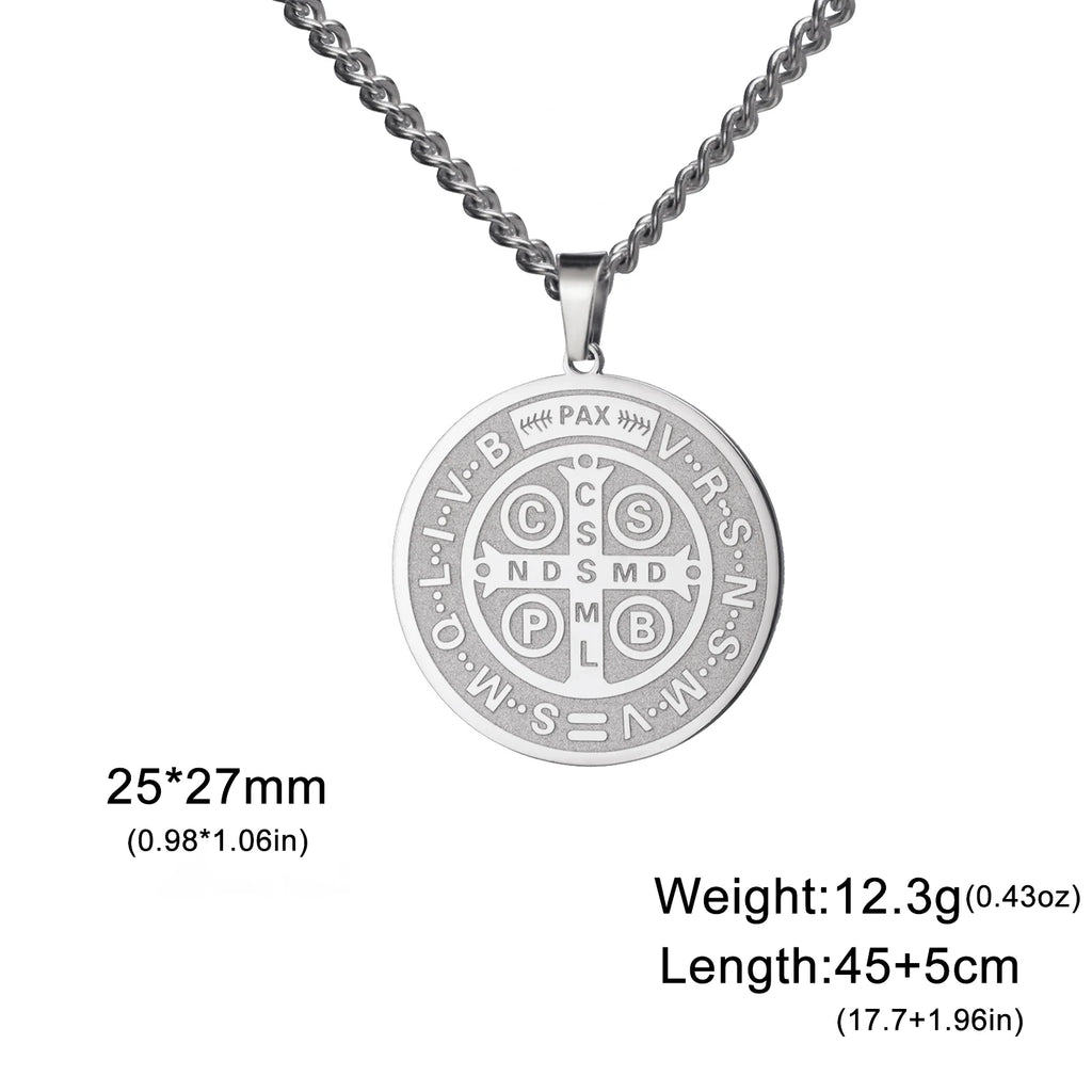 My Shape Saint Benedict Medal Pendant Necklace for Women Men Gold Plated Stainless Steel Round Double Sides Choker Jewelry Gifts