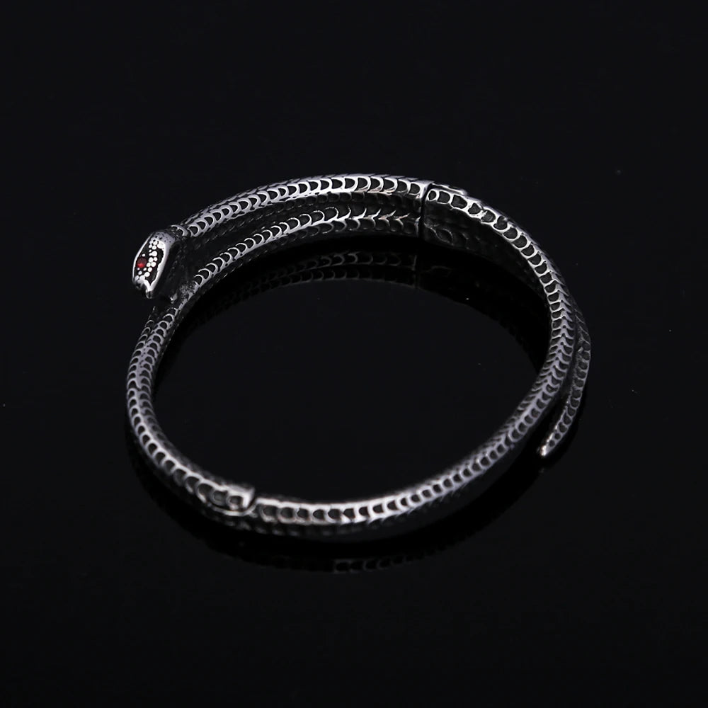 Gothic Vintage Viking Snake Bracelet With Red Stone For Men Women Stainless Steel Punk Rock Animal Bangles Fashion