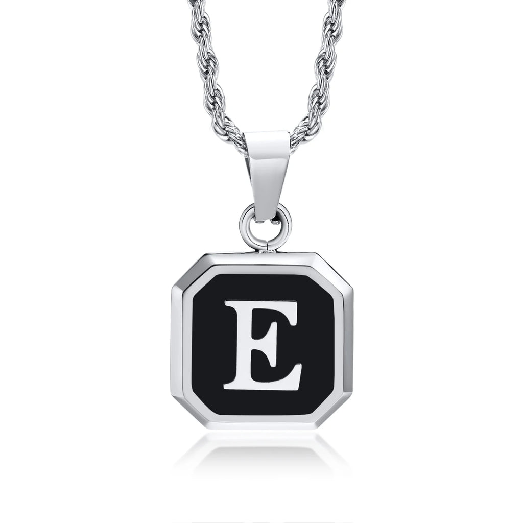 Initials Necklaces for Men Women,A-Z 26 Letters Black Square Stainless Steel Pendant Collar,45-60CM Twisted Rope Chain
