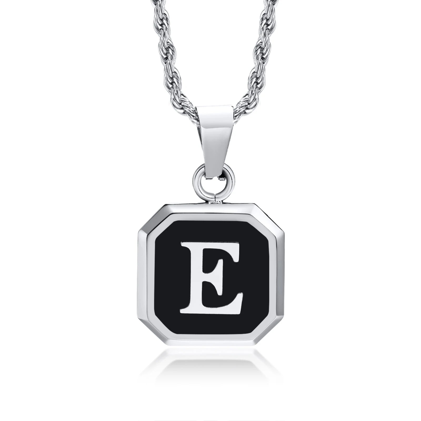 Initials Necklaces for Men Women,A-Z 26 Letters Black Square Stainless Steel Pendant Collar,45-60CM Twisted Rope Chain
