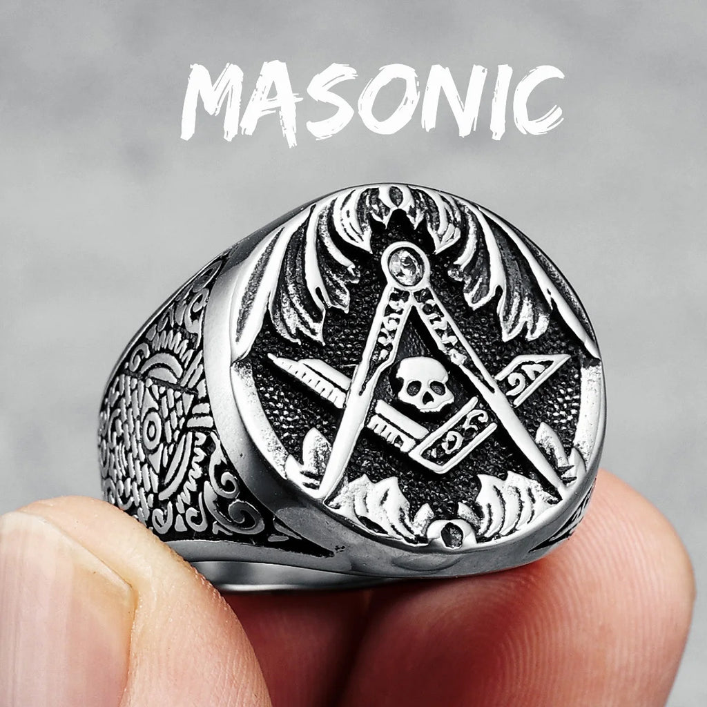 Masonic Skull Ring 316L Stainless Steel Men Eye of Truth Freemasonry Rock for Rider Male Boyfriend Jewelry Best Gift