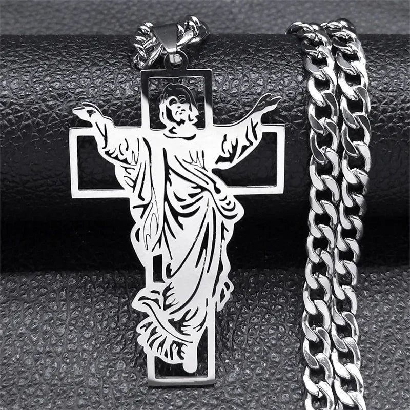 Hip Hop Punk Crown of Thorns Jesus Cross Necklace for Men Stainless Steel Gold Plated Crucifix Pendant Necklaces