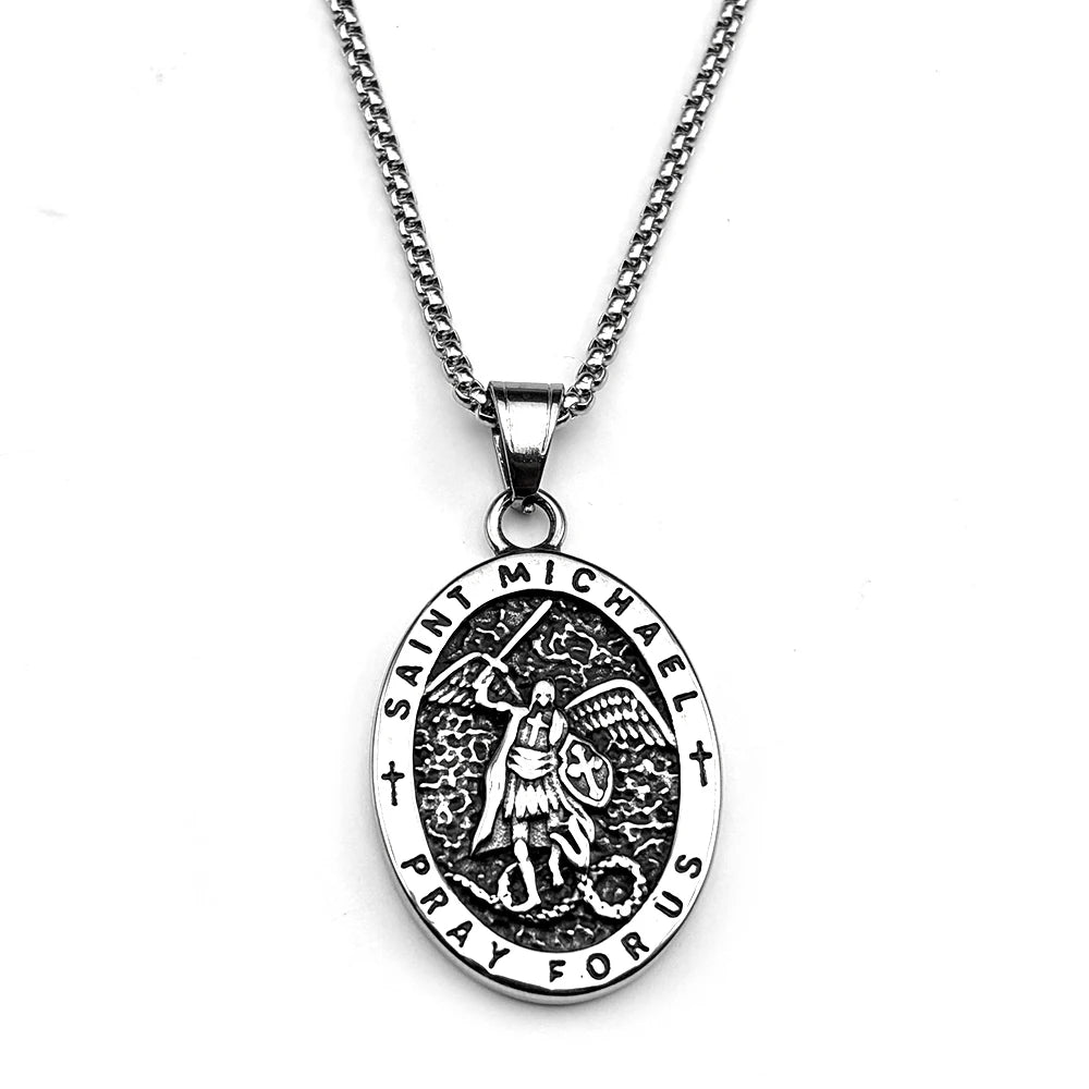 Archangel Saint Michael Pray for Us Stainless Steel Chain Necklace for Women Men Silver Color Oval Pendant Necklaces