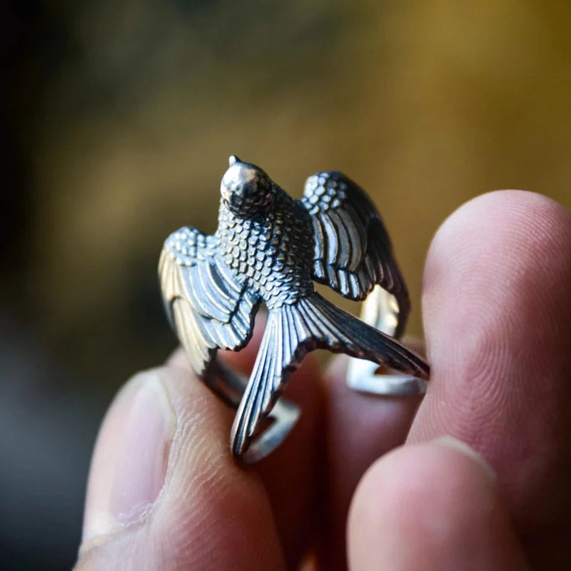 925 Silver Swallow Carved Ring — Vintage Open